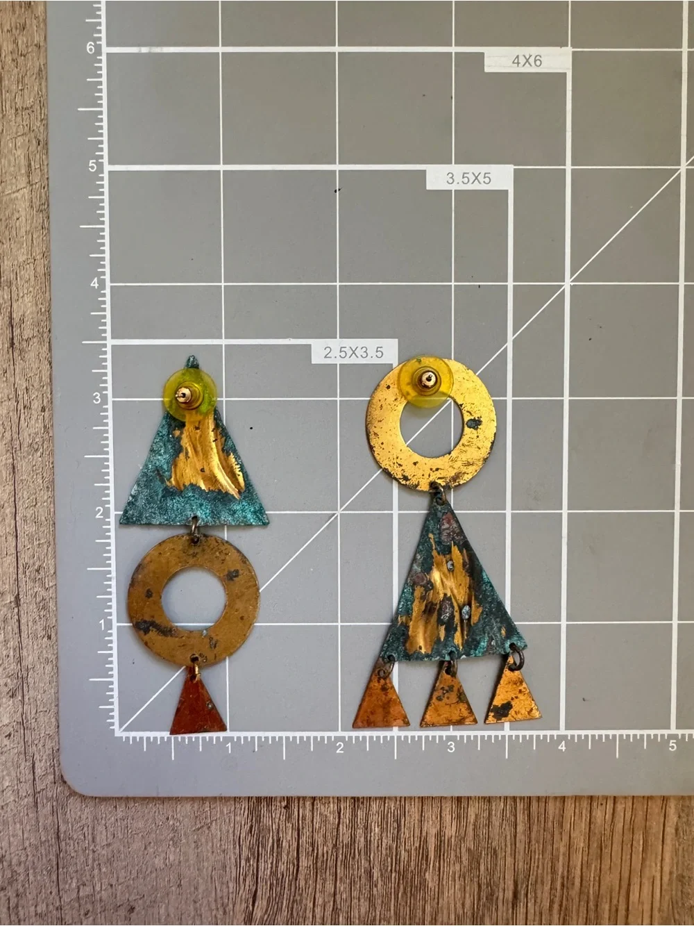 80s Patina Blue Gold Geometric Articulating‎ Drop Earrings Vintage Women Jewelry